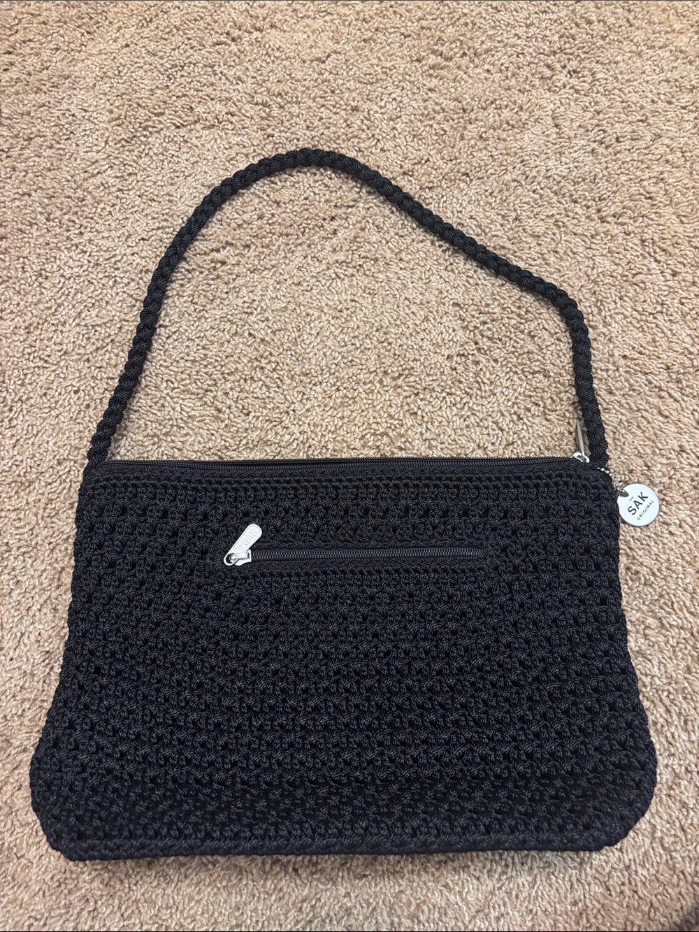 The Sak Black Crochet Shoulder Bag with Braided Strap